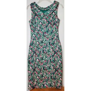 Boden Martha Sleeveless Sheath Green Tropical Birds Jungle Dress 4 Knee Length